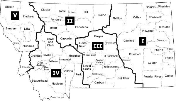 Map of Montana showing the five CSPD regions